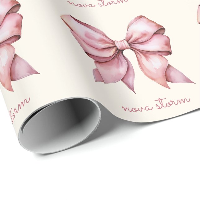 Trendy Pink Bow Personalized With Name Monogram Wrapping Paper (Roll Corner)