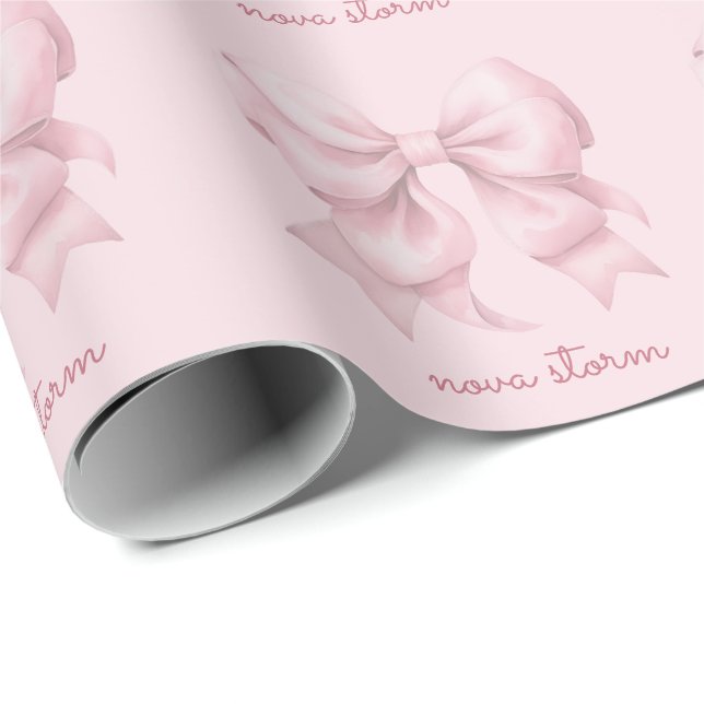 Trendy Pink Bow Personalized With Name Monogram Wrapping Paper (Roll Corner)