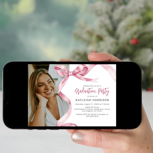 Trendy Pink Bow Photo Graduation Invitation (Front Digital)