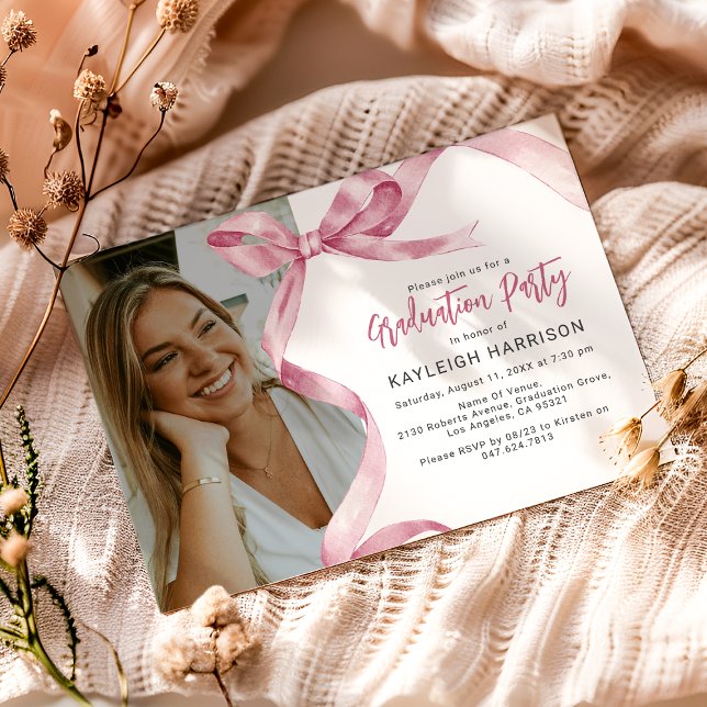 Trendy Pink Bow Photo Graduation Invitation (Creator Uploaded)