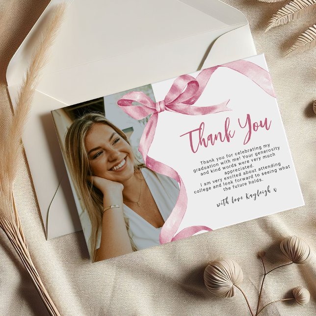 Trendy Pink Bow Photo Graduation Thank You Card (Creator Uploaded)