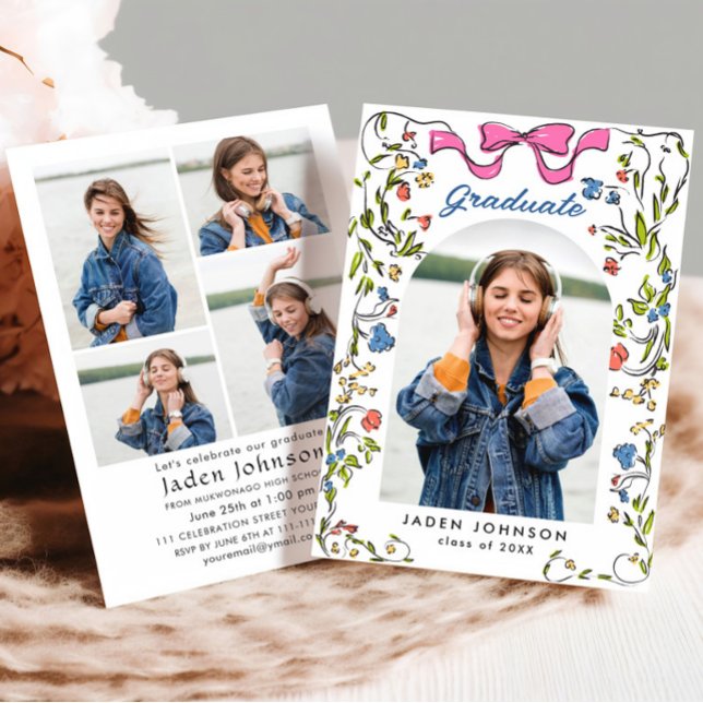 Trendy Pink Bow Ribbon 2 PHOTO Graduation Party Invitation (Creator Uploaded)