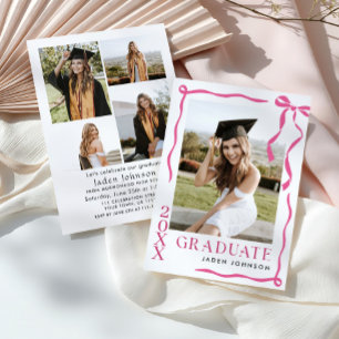 Trendy Pink Bow Ribbon 5 PHOTO Graduation Party Invitation