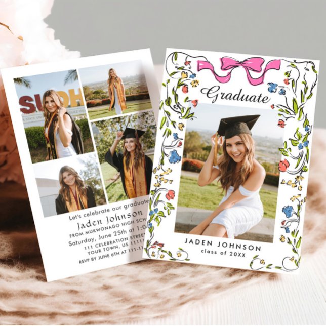 Trendy Pink Bow Ribbon 5 PHOTO Graduation Party Invitation (Creator Uploaded)