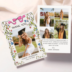 Trendy Pink Bow Ribbon 5 PHOTO Graduation Party Thank You Card