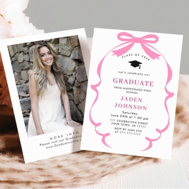Trendy Pink Bow Ribbon PHOTO Graduation Party Invitation (Creator Uploaded)