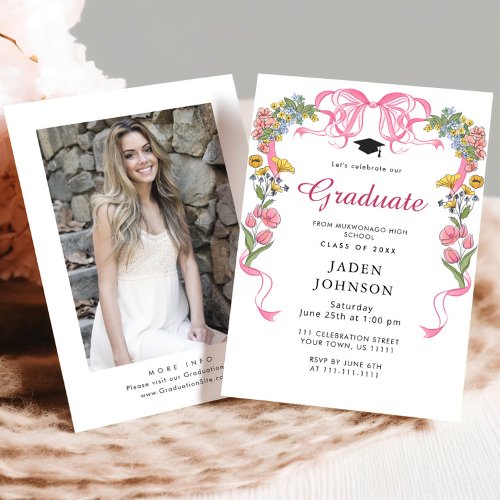 Trendy Pink Bow Ribbon PHOTO Graduation Party