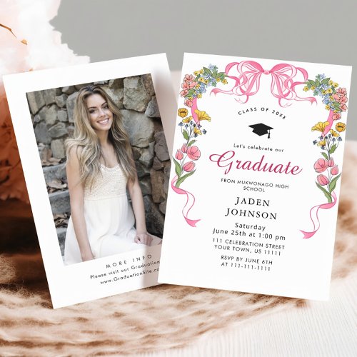 Trendy Pink Bow Ribbon PHOTO Graduation Party