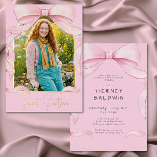 Trendy Pink Bow Sweet Sixteen Photo Birthday Party Foil Invitation