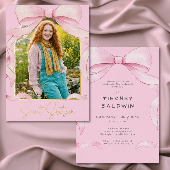 Trendy Pink Bow Sweet Sixteen Photo Birthday Party Foil Invitation (Trendy Pink Bow Sweet Sixteen Photo Birthday Party Foil Invitation)