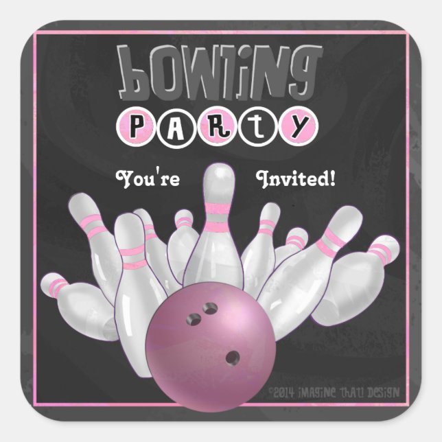 Trendy Pink Bowling Party Invite Sticker (Front)