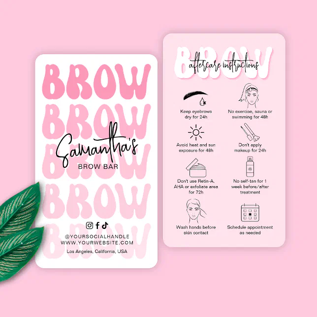 Trendy Pink Brow Aftercare Instructions Retro Font Business Card | Zazzle