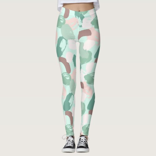 Trendy Pink Brown  Mint Green Watercolor Paint Leggings