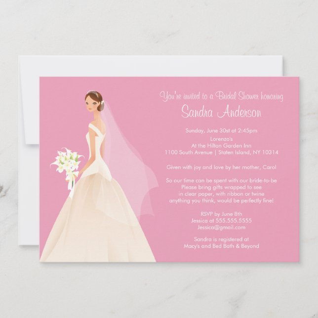 Trendy Pink BRUNETTE Bride Bridal Shower Invite (Front)