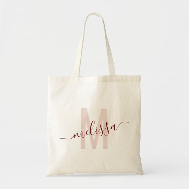 Trendy Pink Burgundy Modern Monogram Name Tote Bag (Front)