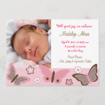 Trendy Pink Butterfly Photo Birth Announcements