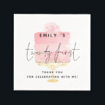 Trendy Pink Cake Name 21st Birthday Thank You Napkins<br><div class="desc">Trendy Pink Cake Script Name 21st Birthday Party Thank You. Ideal for your party favors, Twenty First is centered in a set handwriting style script with name and your thank you message whch you can easily personalise, overlaid onto a pretty palest pink cake to the background on a gold stand...</div>