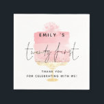 Trendy Pink Cake Name 21st Birthday Thank You Napkins<br><div class="desc">Trendy Pink Cake Script Name 21st Birthday Party Thank You. Ideal for your party favors, Twenty First is centered in a set handwriting style script with name and your thank you message whch you can easily personalise, overlaid onto a pretty palest pink cake to the background on a gold stand...</div>
