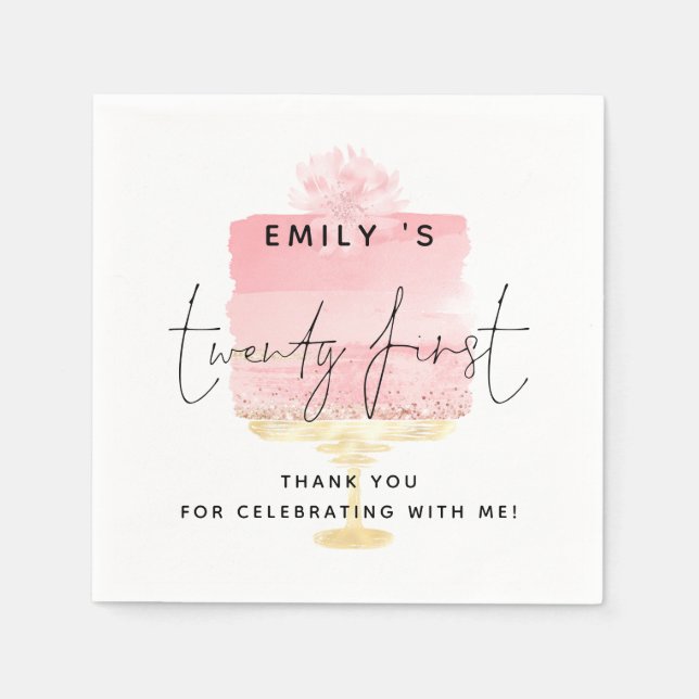 Trendy Pink Cake Name 21st Birthday Thank You Napkins (Front)