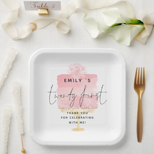 Trendy Pink Cake Name 21st Birthday Thank You Paper Plates (Wedding)