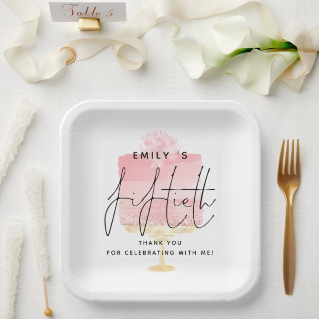 Trendy Pink Cake Name 50th Birthday Thank You Paper Plates (Wedding)