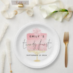 Trendy Pink Cake Script Name 21st Birthday Party Paper Plates<br><div class="desc">Trendy Pink Cake Script Name 21st Birthday Party. Fiftieth is centered in a set handwritten style script with name and date whch you can easily personalise,  overlaid onto a pretty pastel pink cake to the background on a gold stand and a flower on top.</div>