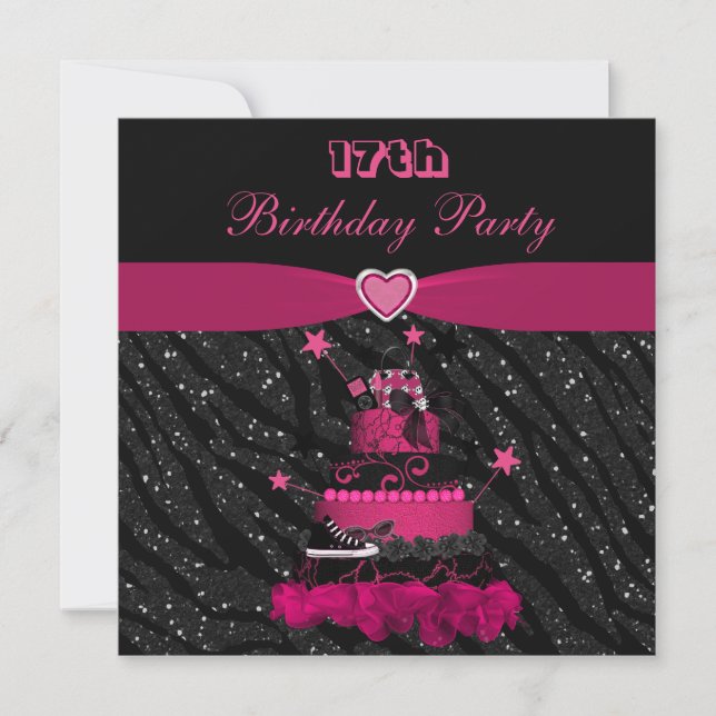 Trendy Pink Cake & Zebra Stripes 17th Birthday Invitation (Front)