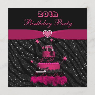 Trendy Pink Cake & Zebra Stripes 20th Birthday Invitation