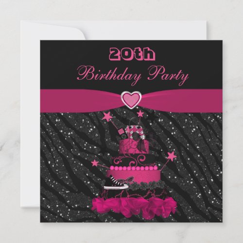 Trendy Pink Cake  Zebra Stripes 20th Birthday Invitation