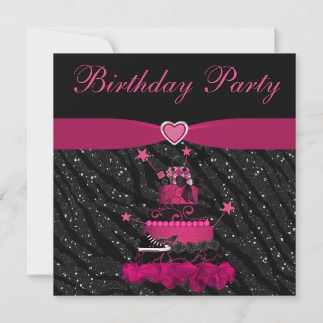 Trendy Pink Cake & Zebra Stripes Birthday Party Invitation (Front)