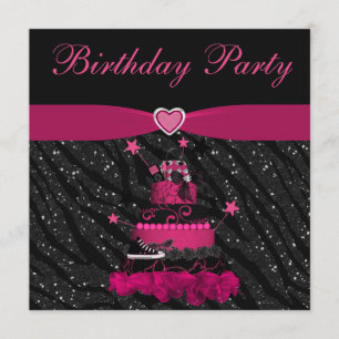Trendy Pink Cake & Zebra Stripes Birthday Party Invitation