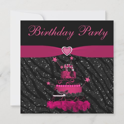 Trendy Pink Cake  Zebra Stripes Birthday Party Invitation