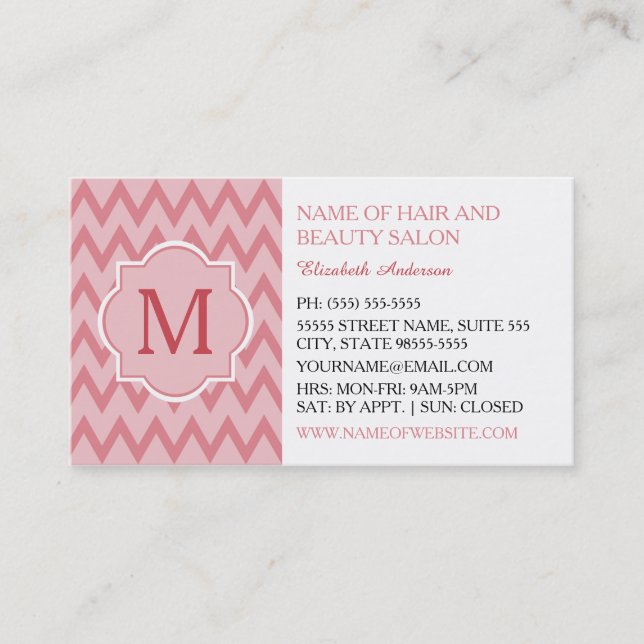 Trendy Pink Chevron Zigzag Monogram Beauty Salon Business Card (Front)