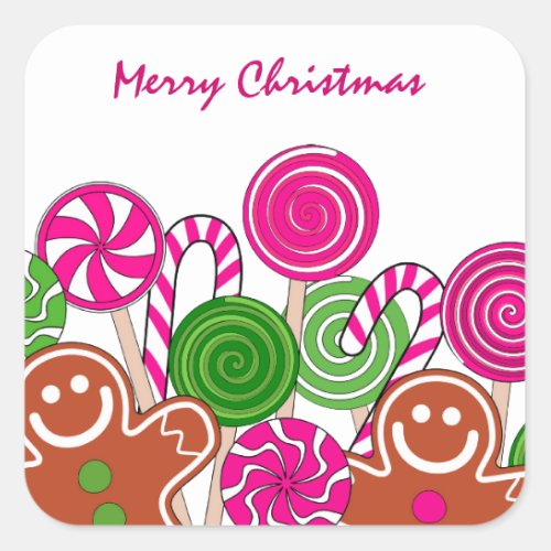 Trendy pink Christmas gingerbreads Square Sticker