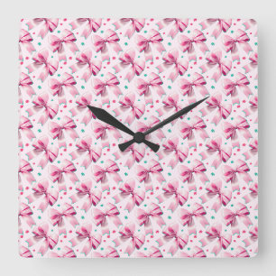 Trendy pink coquette bow pattern with cute girly square wall clock