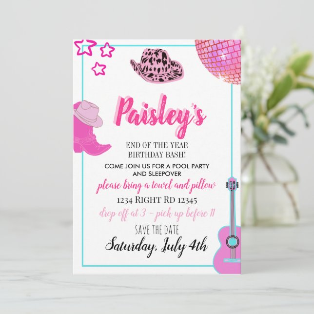 Trendy Pink Cowgirl Birthday Invitation  (Standing Front)