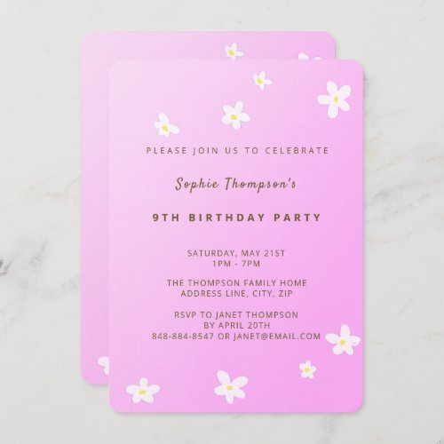 Trendy Pink Daisies Girl Birthday Party Invitation