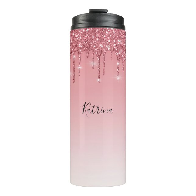 Trendy Pink Dripping Glitter Customizable Name  Thermal Tumbler (Front)