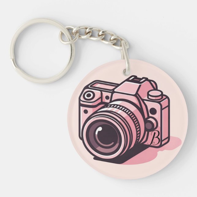 Trendy Pink DSLR Camera Photography Personalized Keychain (Front)