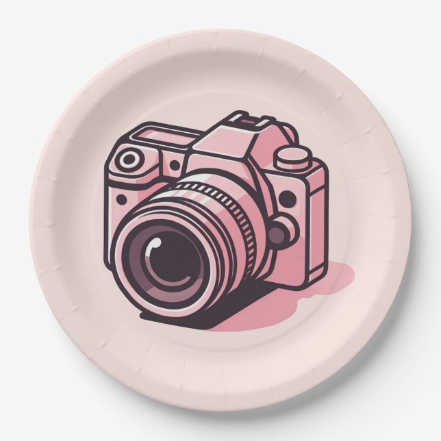 Trendy Pink DSLR Camera Photography Personalized Paper Plates (Front)
