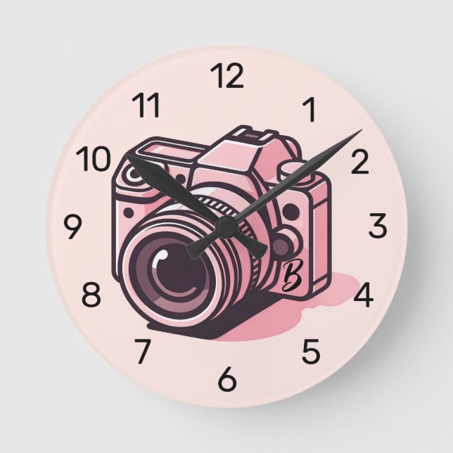 Trendy Pink DSLR Camera Photography Personalized Round Clock (Front)