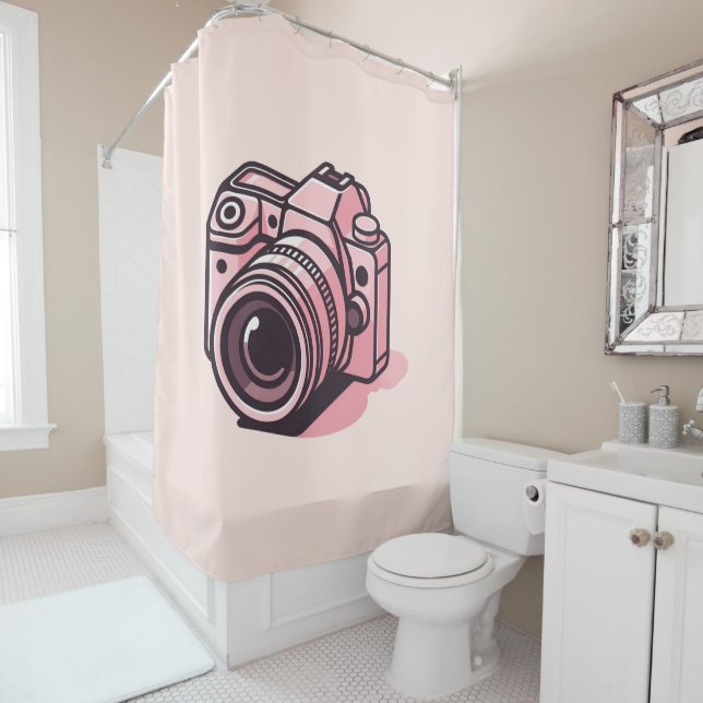Trendy Pink DSLR Camera Photography Personalized Shower Curtain (In Situ)