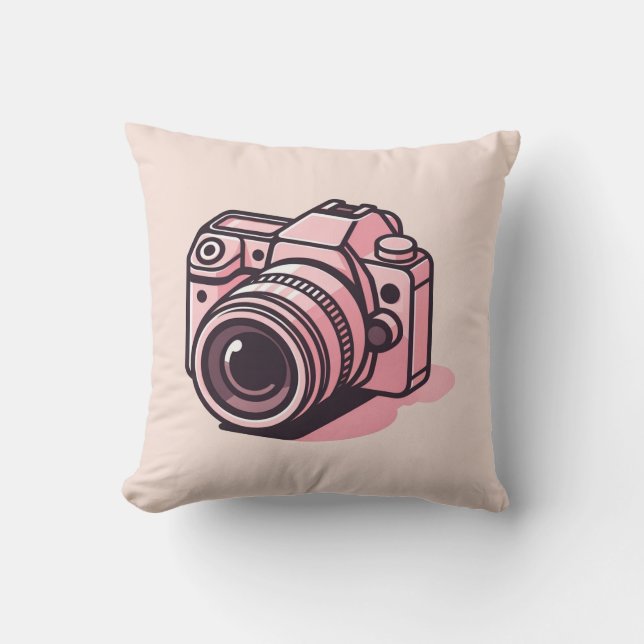 Trendy Pink DSLR Camera Photography Personalized Throw Pillow (Front)
