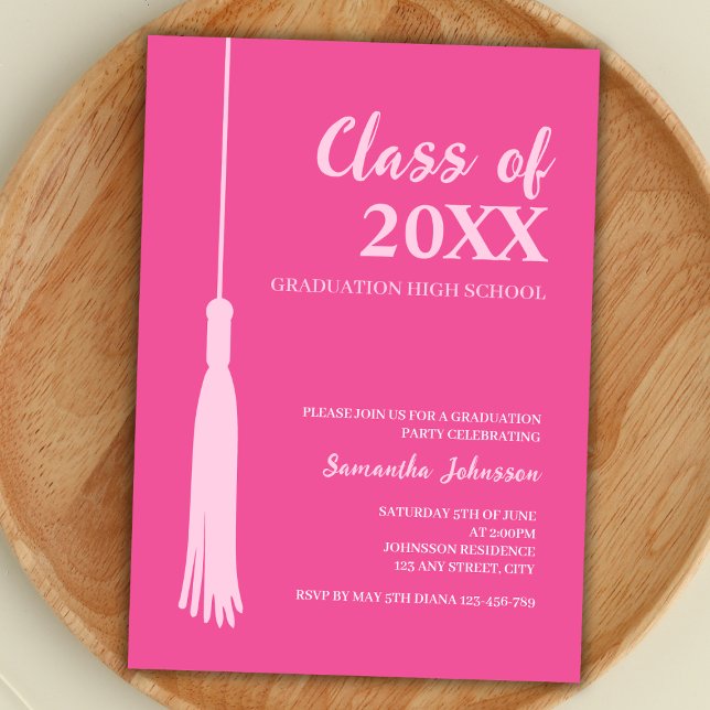 Trendy Pink Feminine 2026 Grad Tassel Graduation Invitation (graduation party invitation class of 2024 feminine minimalist trendy hot pink grad tassel)