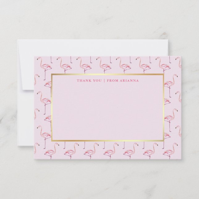 Trendy Pink Flamingos and Faux Gold Thank You Card (Front)