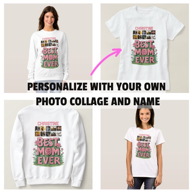 Trendy Pink Floral 10 Photo Collage and Name T-Shirt (Trendy Pink Floral 10 Photo Collage and Name T-Shirt and clothes)