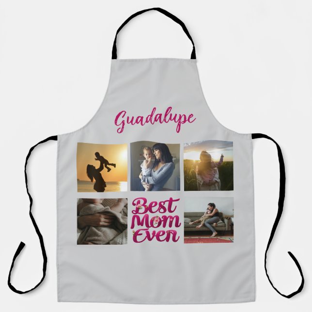 Trendy Pink Floral 5 Photo Collage and Name Apron (Front)