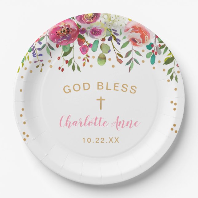Trendy pink floral girl baptism celebration decor paper plates (Front)