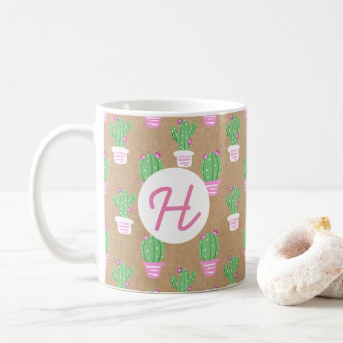 Trendy Pink Flowering Cactus  Faux Kraft Paper Coffee Mug