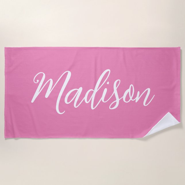 Trendy Pink Girls Name Handwritten Script Custom Beach Towel (Front)